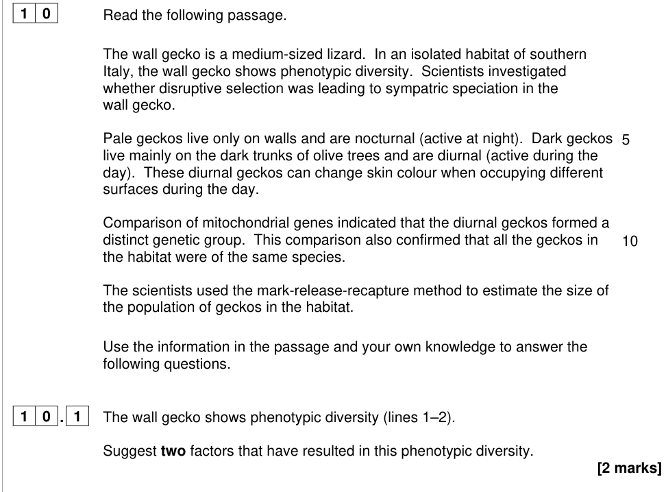 Question from 2024 A-Level Paper 2 Q10.1 (2 marks)