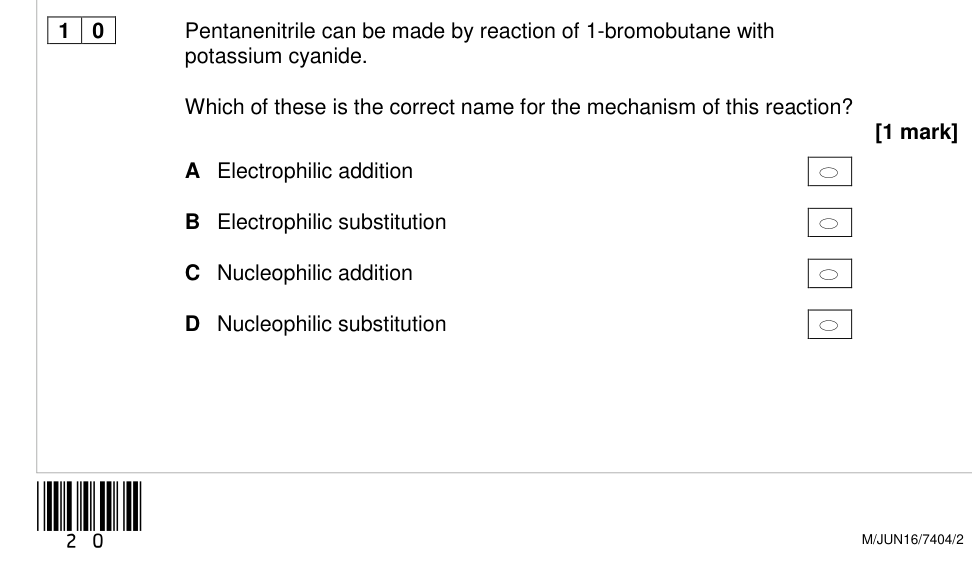 Question from 2016 As Paper 2 Q10 (1 marks)
