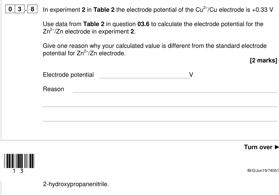 Question from 2019 A-Level Paper 3 Q3.8 (2 marks)